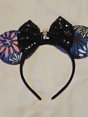 Disney Black Sequin Bow Minnie Ears Headband with Blue and Pink Floral Ears